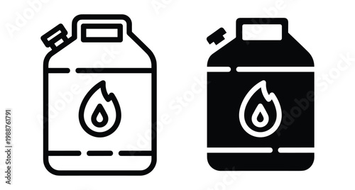 Fuel canister icon set showing jerrycan with flame symbol for gasoline petrol diesel oil storage and transportation in outline and solid styles