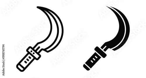 Sickle icon set featuring outline and solid black curved blade tools for agriculture gardening harvesting and traditional martial arts equipment