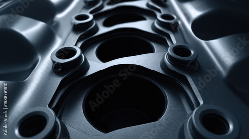 Close up macro shot of matte black car surface with circular holes and bolts, showing detailed texture and industrial design
