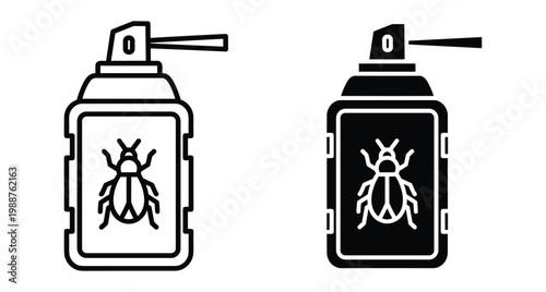 Insect spray bottle icon set for pest control services featuring aerosol can with beetle symbol in outline and glyph styles