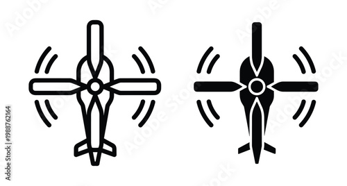 Drone icon set showing top view of quadcopter with spinning propellers in outline and solid black styles for technology apps and web design