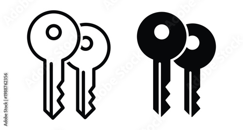 Key icon set with outline and solid silhouette styles for security access lock and home door entry protection symbols
