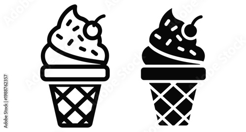Ice cream cone icon set with soft serve swirl sprinkles and cherry on top waffle cone outline and solid style