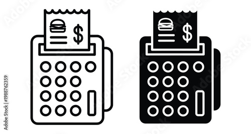 POS terminal payment machine icons with receipt showing burger and dollar sign for restaurant billing checkout transaction and fast food service