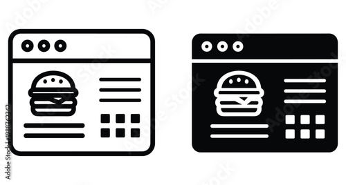 Online food ordering website interface icon set showing burger menu on browser window for digital delivery service and restaurant application