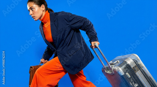Business woman running with silver suitcase against bright blue background.