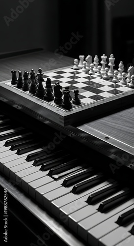 Black and white chess pieces set up on a chessboard atop piano keys
