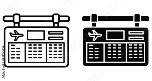 Airport flight information board icon set showing departure arrival times and airplane symbol in outline and solid glyph styles for travel navigation