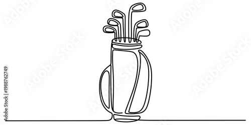Single continuous line drawing of a golf bag with several clubs inside on a white background Vector, illustration