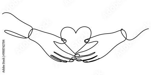 Continuous line drawing of two hands gently cradling a heart symbol on a white background. Vector, illustration