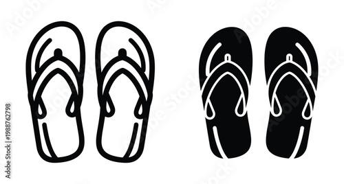 Flip flops icon set featuring outline and solid black silhouette styles for summer beach vacation footwear and casual travel apparel