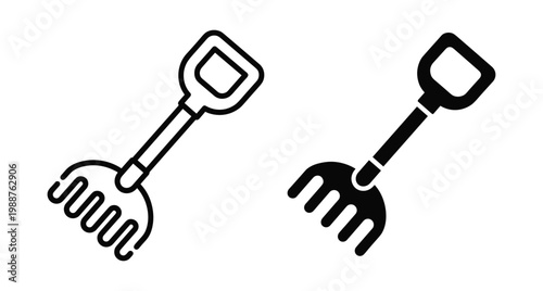 Garden rake and shovel tool icons in outline and solid black styles for landscaping agriculture farming and soil cultivation work