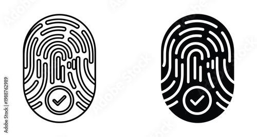 Fingerprint biometric security icon set with checkmark symbol for identity verification access control authentication and digital safety protection software systems