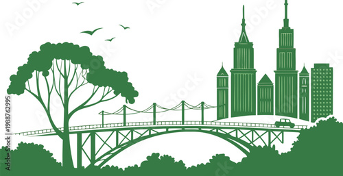 Green ecofriendly city landscape with a bridge, trees, and buildings