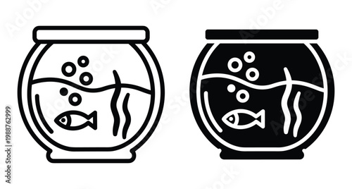 Fishbowl icon set featuring outline and solid styles with small fish swimming in water bubbles and aquatic plants for pet care