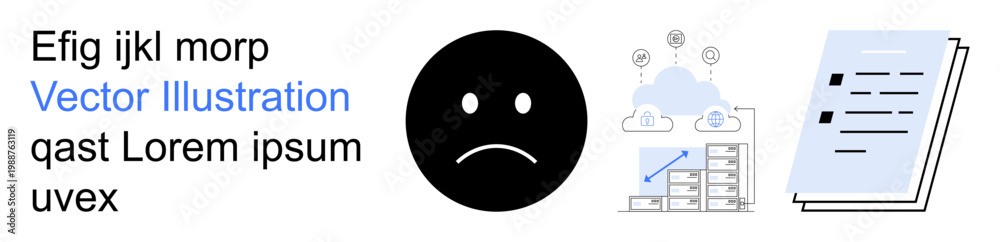 Fototapeta premium Data management, cloud computing, emotions, workflow, digital data, efficiency. A sad face symbol, cloud storage with graphs and documents. Data management and cloud computing concept