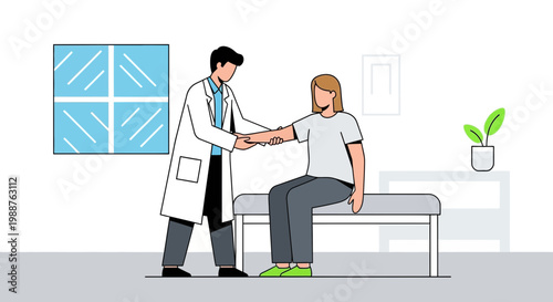 Doctor examining patient's arm in a medical clinic examination room