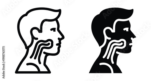 Human throat anatomy icon showing esophagus and trachea in profile view for medical healthcare respiratory and digestive system diagram illustration