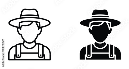 Farmer icon set featuring male agricultural worker wearing wide brimmed hat and overalls in outline and solid glyph vector styles
