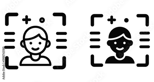Facial recognition biometric scanning icons set for user identification security authentication digital identity verification face id technology system access control
