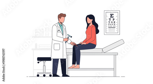 Doctor examining patient's knee reflex with reflex hammer in clinic examination room