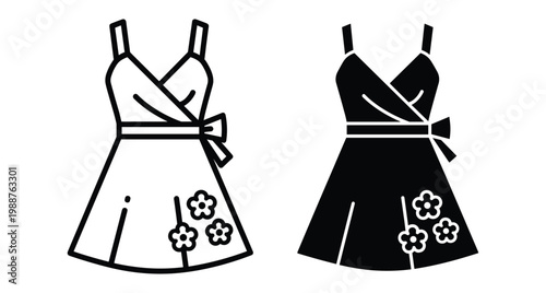 Summer dress icon set featuring wrap style sleeveless clothing with floral pattern and bow detail for fashion design and retail shopping