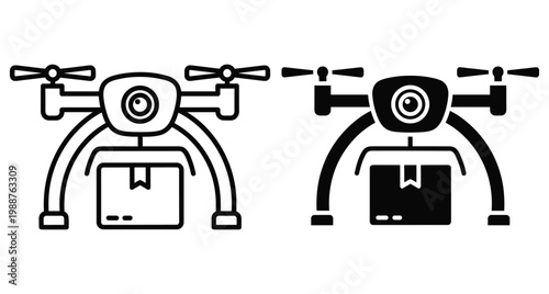 Delivery drone icon set showing quadcopter carrying package in outline and solid styles for logistics shipping and modern transport technology