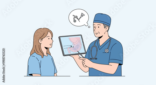 Doctor explaining medical condition to patient on tablet, anatomy illustration