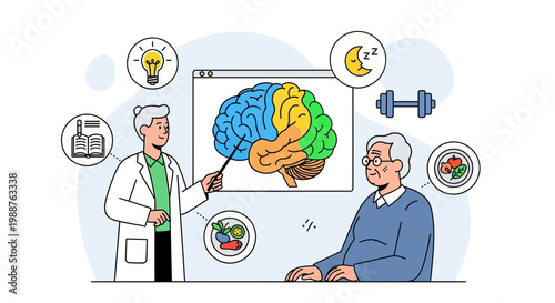 Doctor explains brain health to senior patient, showing healthy lifestyle choices