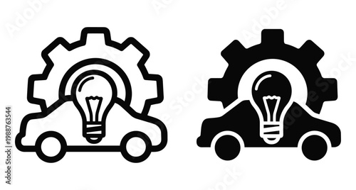 Smart car innovation icon set featuring vehicle silhouette with lightbulb and gear representing automotive engineering creative technology and electric transport