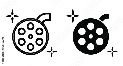 Film reel icon set with outline and solid versions featuring sparkle stars for cinema movie production and video editing projects