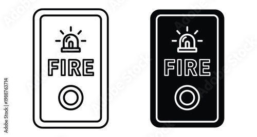 Fire alarm button icon set with siren symbol and text for emergency safety warning system in outline and solid style
