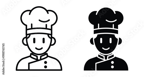 chef icon set featuring male cook wearing traditional hat and uniform in outline and solid black glyph style for web