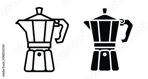 Moka pot icon set featuring stovetop espresso maker in outline and solid black silhouette styles for coffee shop menu design