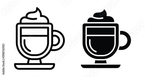 Coffee cup icon set featuring latte with whipped cream in outline and solid styles for cafe menu design and web interface