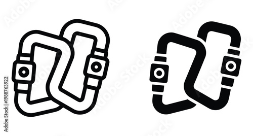Carabiner climbing gear icon set with outline and solid black silhouette styles for mountaineering safety equipment and outdoor adventure sports