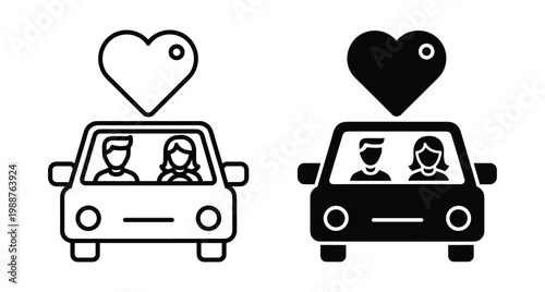 Car icon set with couple inside and heart symbol representing romantic travel road trip honeymoon wedding transport and love journey