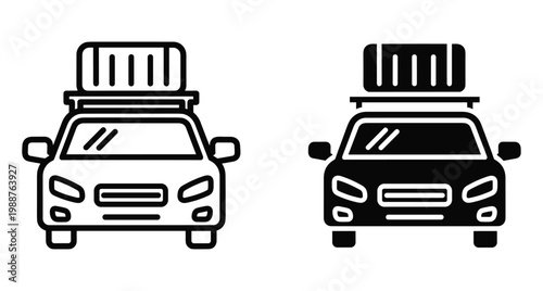 Car with roof rack and luggage box icon set front view for travel road trip vacation transportation and cargo transport