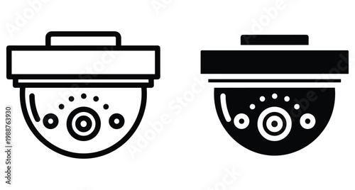 Security dome camera icon set with outline and solid black versions for surveillance monitoring safety protection and private property control