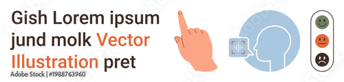 Human experience, technology communication, emotion recognition, user interaction, feedback systems, visual processing. Hand pointing to face with scanning overlay. Emotion recognition and technology