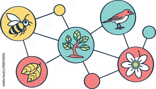 Tableau sur toile Network of nature icons including a bee, tree, bird, and flower connected by lin