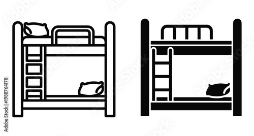 Bunk bed icon set featuring outline and solid silhouette designs for bedroom furniture hostel dormitory kids room and interior layout