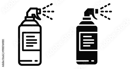 Spray bottle icon set featuring aerosol can with mist effect for cleaning hygiene disinfection and industrial maintenance or cosmetic use