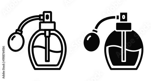 Perfume bottle icon set with atomizer bulb fragrance spray glass container cosmetic beauty product scent dispenser line art solid glyph