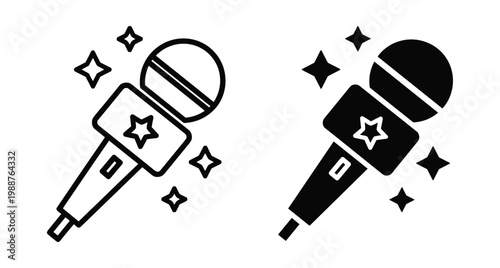 Microphone icon set with stars for karaoke music performance singing entertainment podcast broadcast radio reporter interview press media equipment vector