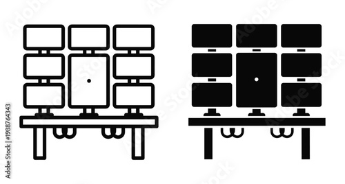 Multi monitor workstation icon set showing professional trading desk setup with several computer screens for data analysis and financial monitoring
