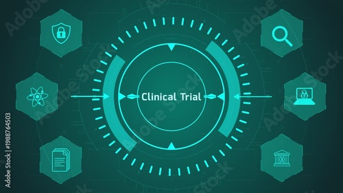 Clinical Trial Research Interface with Circular Digital System and Healthcare Icons on Dark Technology Background Representing Medical Study and Testing Process