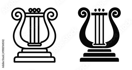 Lyre musical instrument icon set featuring ancient Greek harp silhouette and outline designs for music branding mythology and classical art