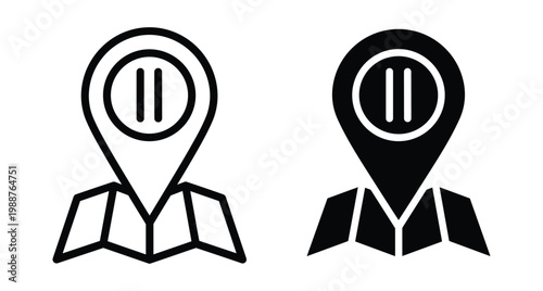 Map pin location marker with pause symbol on folded paper map icon set for navigation travel and interface design