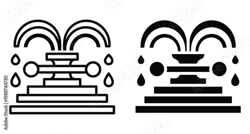 Water fountain symbol collection including linear and glyph versions with tiered base and splashing drops for urban landscape architecture graphics